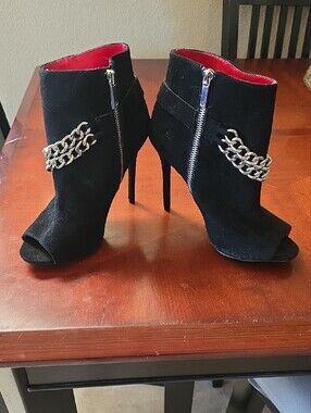 Charles Jourdan Black Open-Toe Ankle Boots with Silver Chain